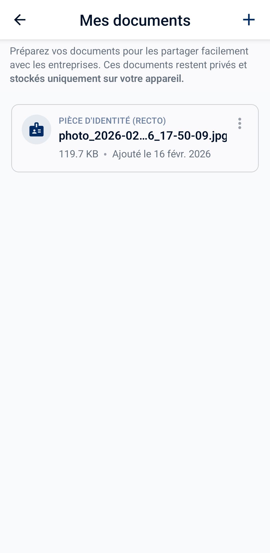 Écran d'ajout d'un document dans le coffre-fort